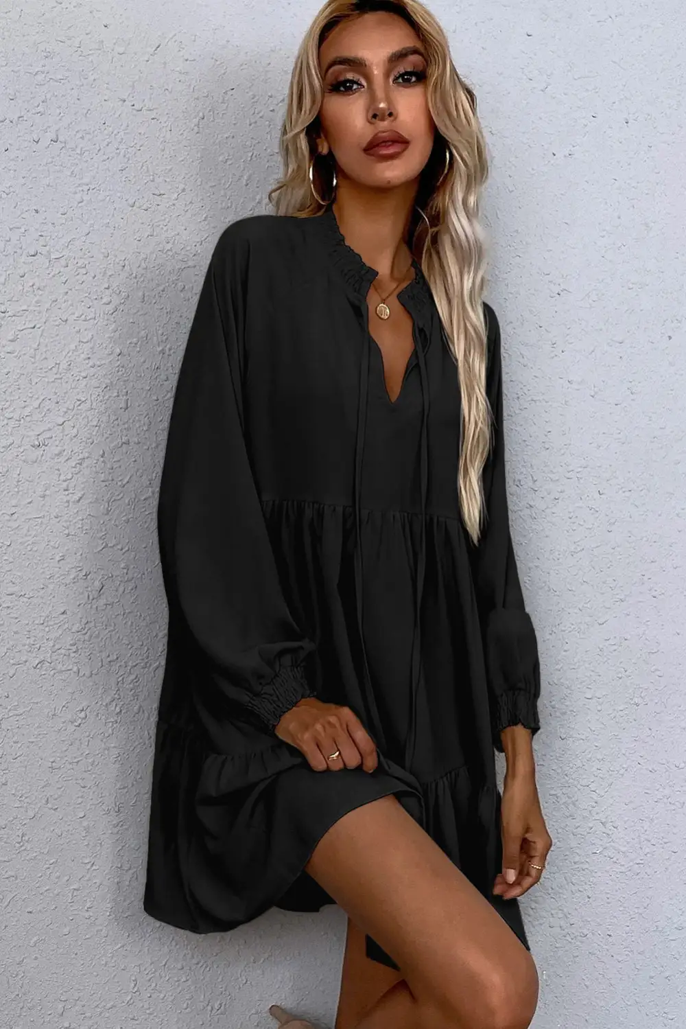 Split Neck Ruffle Smocked Dress Casual