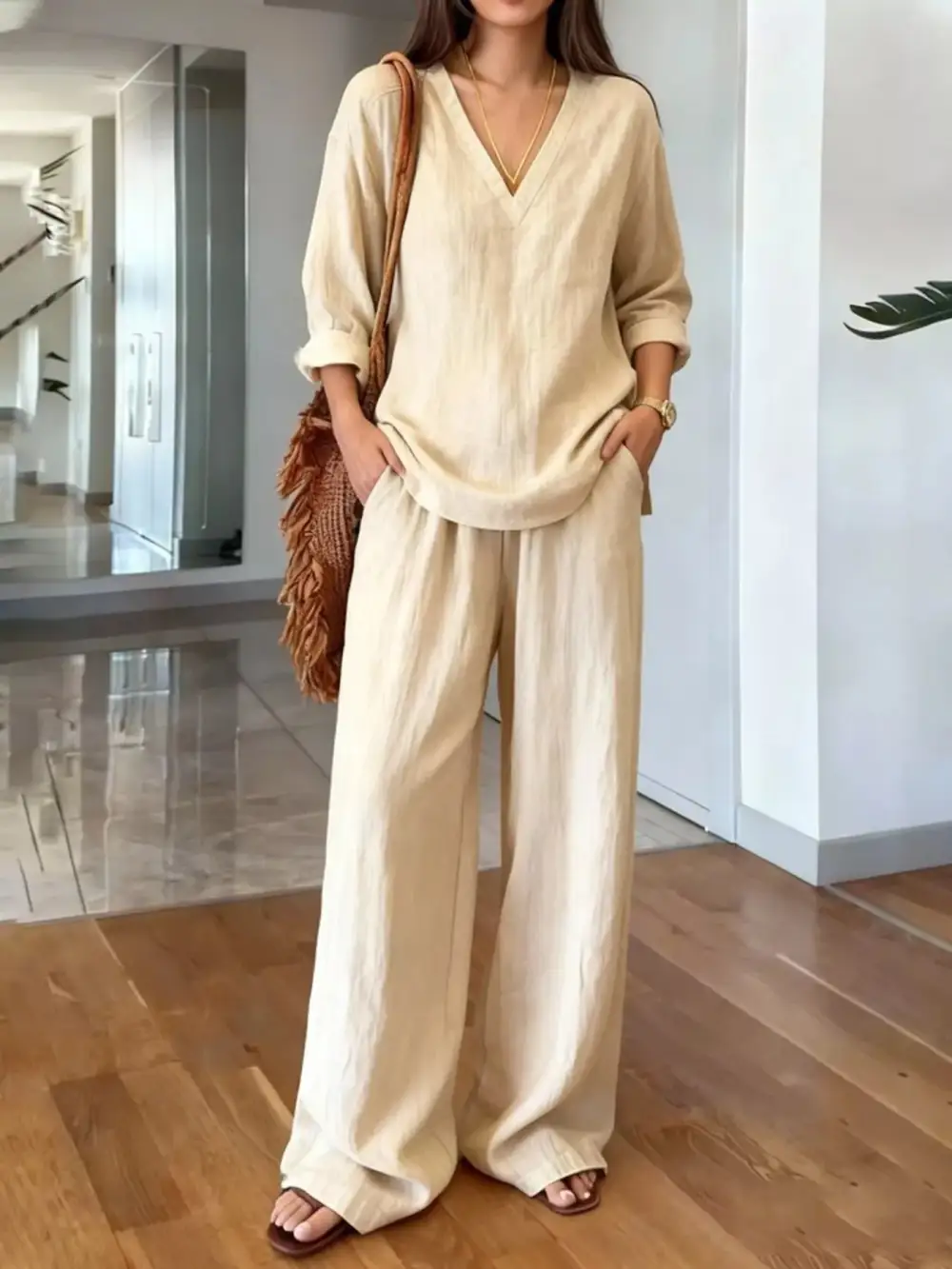 V Neck Top and Wide Leg Pants Set
