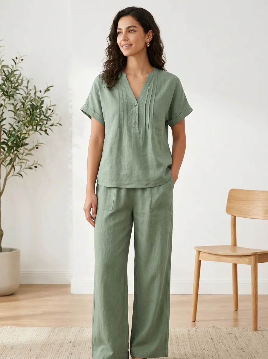Short-Sleeve Pleated Button-Front Women's V-Neck Shirt