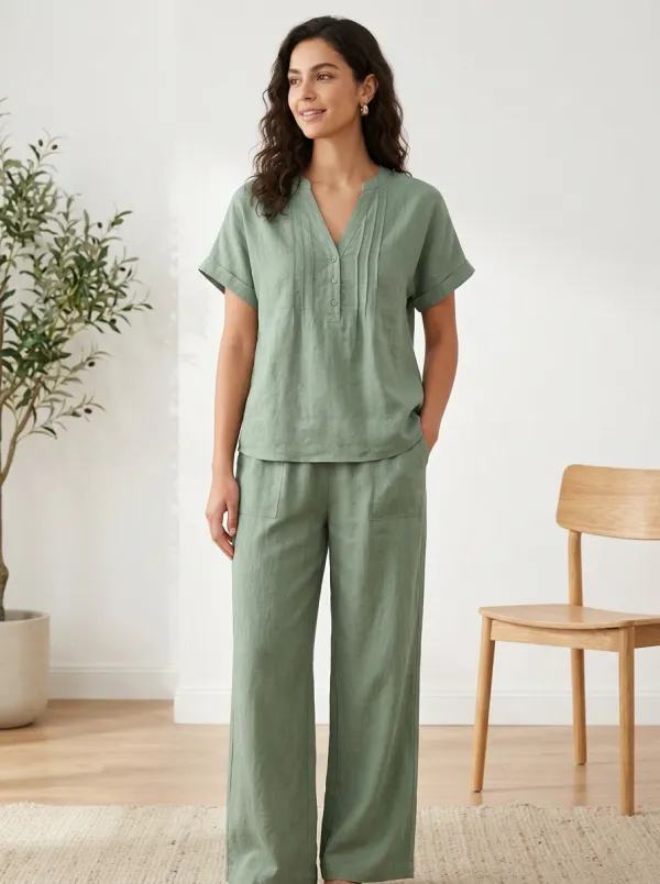 Short-Sleeve Pleated Button-Front Women's V-Neck Shirt