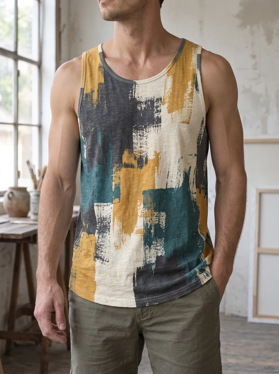Men's Abstract Art Brushstroke Hip Length Tank Top