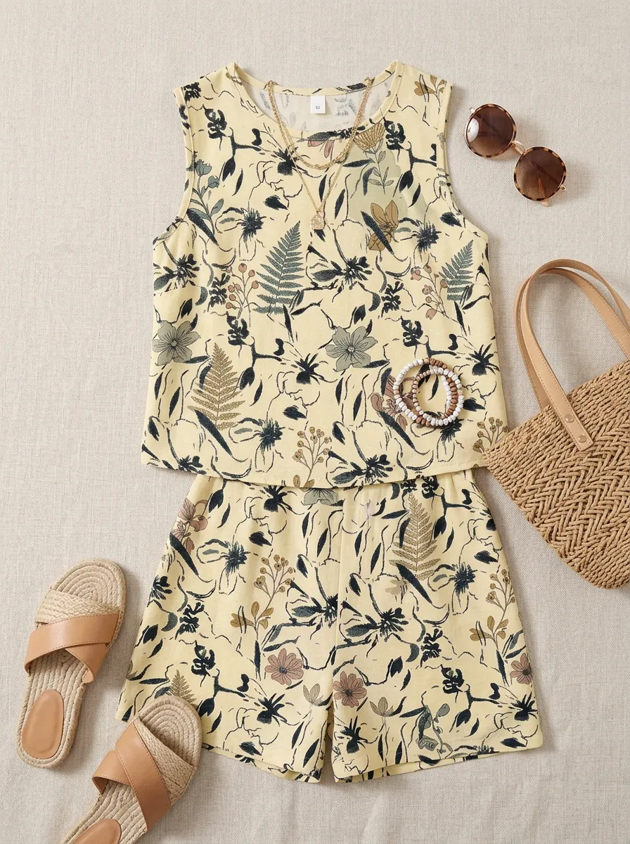 Women's Summer Casual Floral Fern Printed Sleeveless Short Set