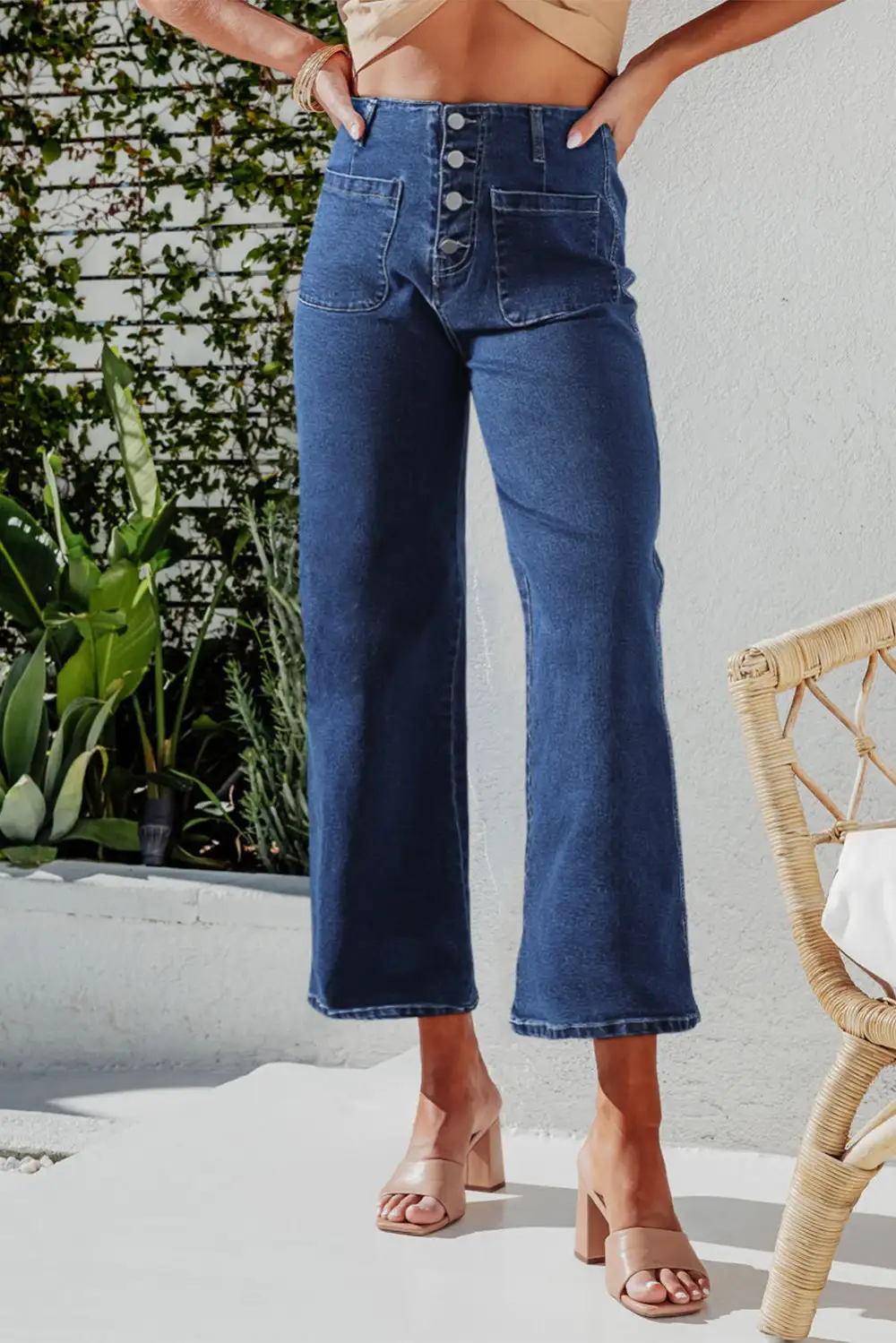 Women's High Waist Button Front Wide Leg Cropped Jeans