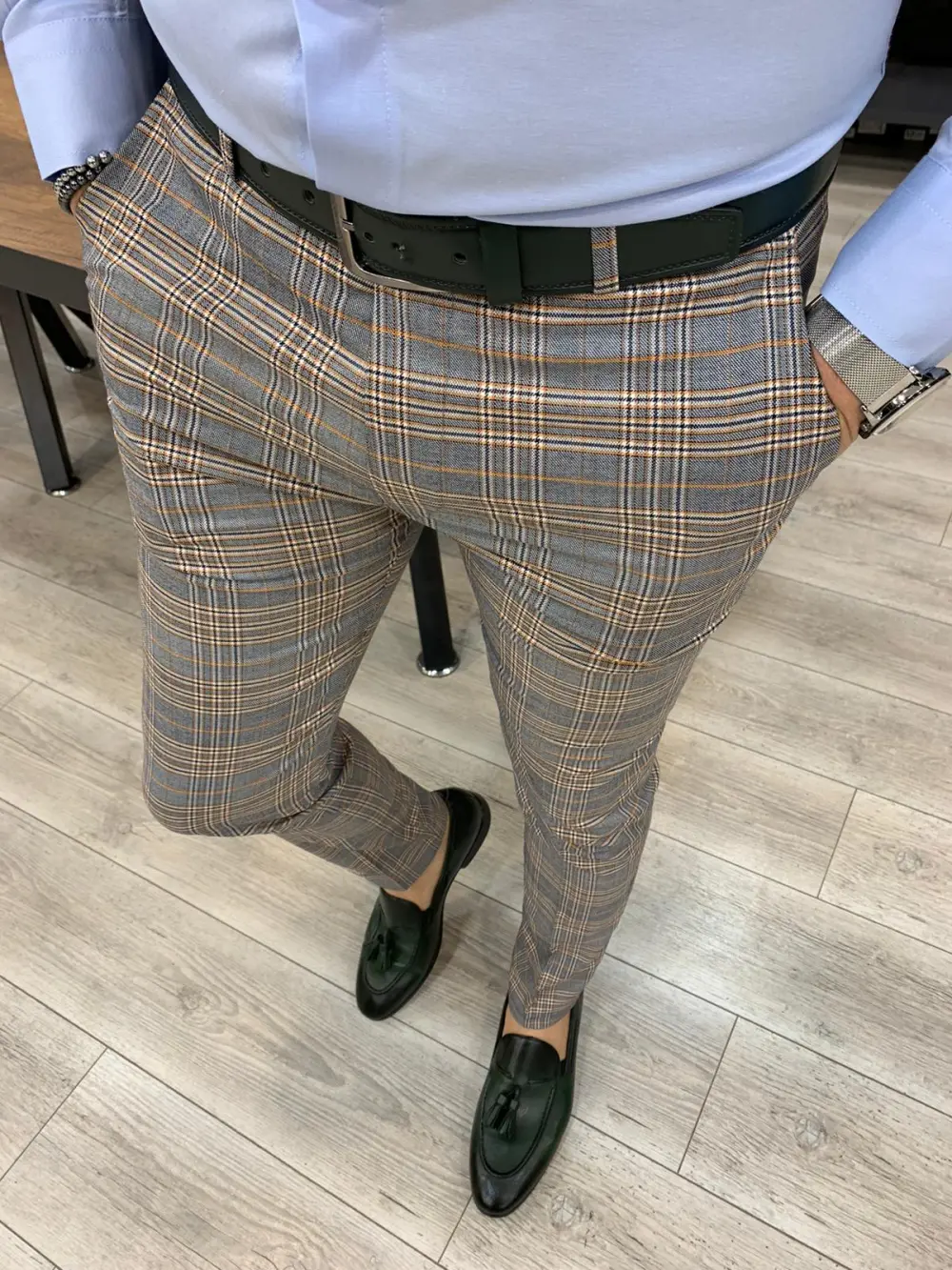 Refined Contemporary Slim Fit Plaid Tailored Trousers
