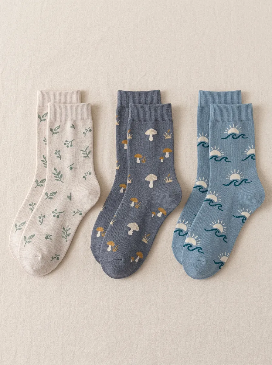 Women's Mushroom Sun Nature Crew Socks Three Pair Set