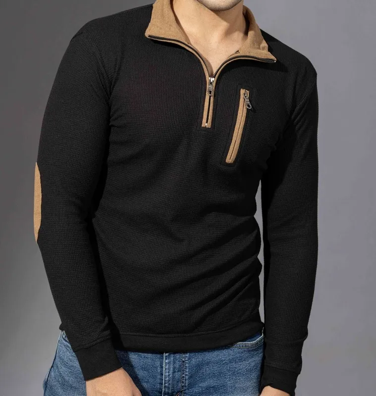 Black Half-Zip Long Sleeve Casual Shirt