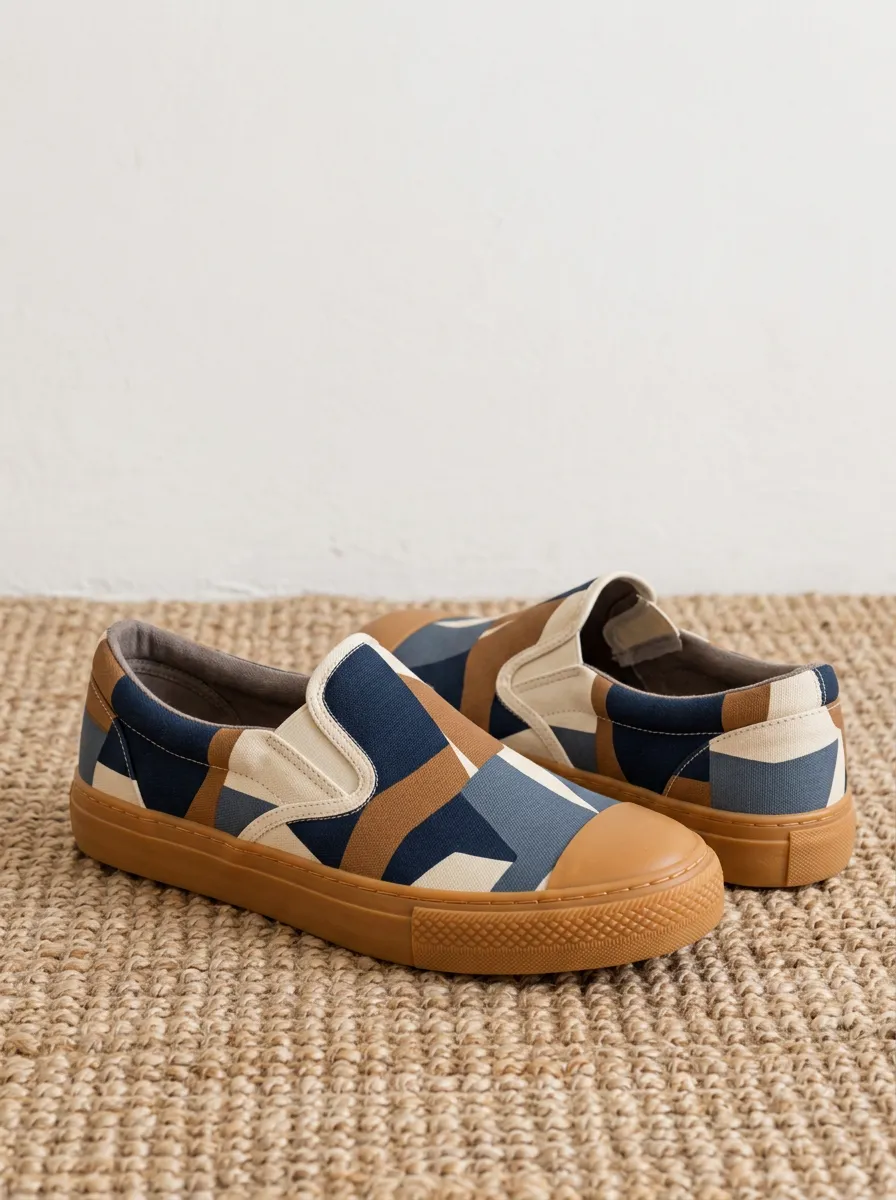Men's Geometric Pattern Brown Blue Printed Canvas Slip-on Shoes