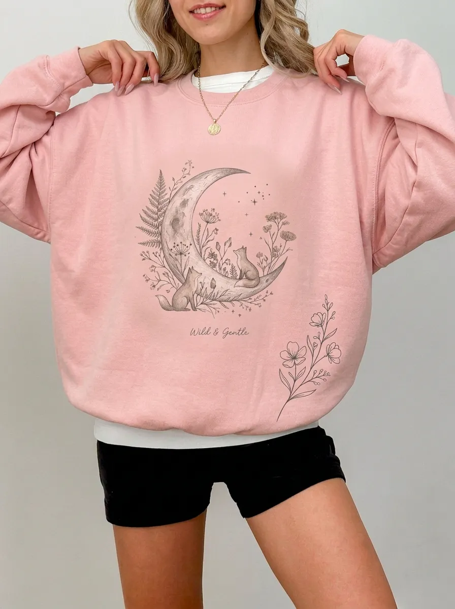 Women's Nature Fox Moon Floral Graphic Sweatshirt
