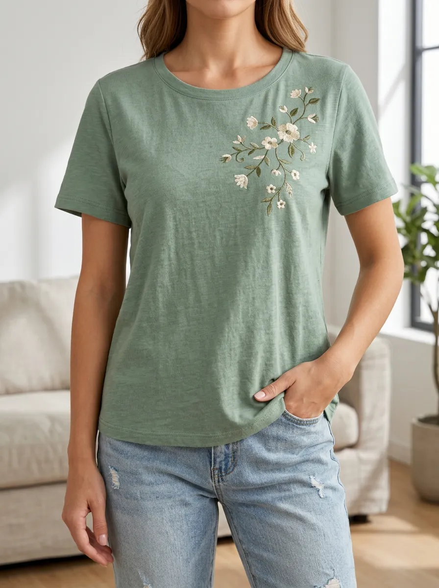 Comfort Focused Floral Print Embroidered Detail Women's Short Sleeve Jersey Tee