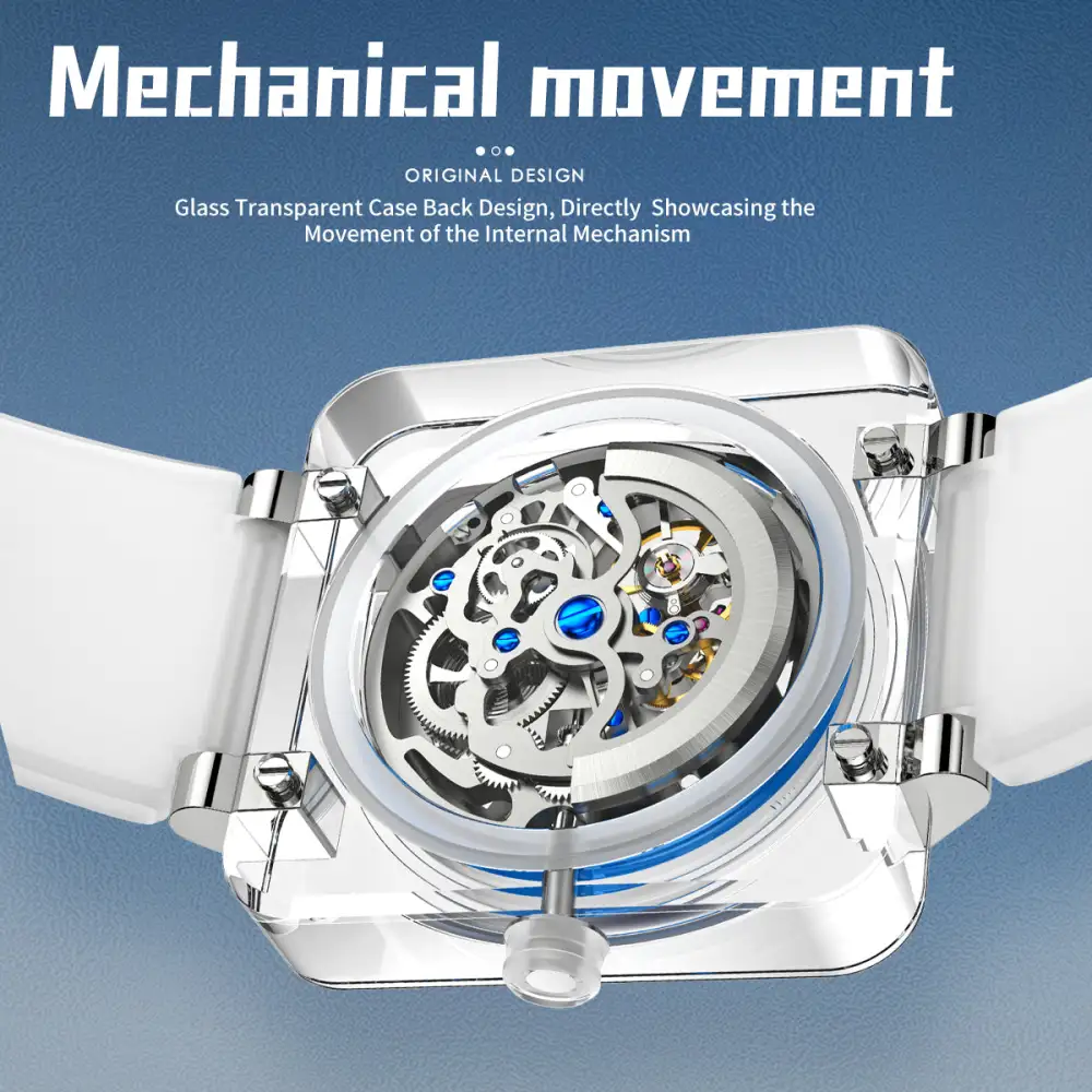 Sollen SL325 Men's Square Skeleton Automatic Mechanical Watch - 42mm Transparent K9 Crystal Case Open Heart Luminous Dial Liquid Silicone Strap Wristwatch