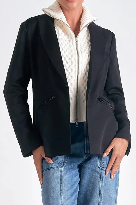 Black Sweater Collar Relaxed Blazer