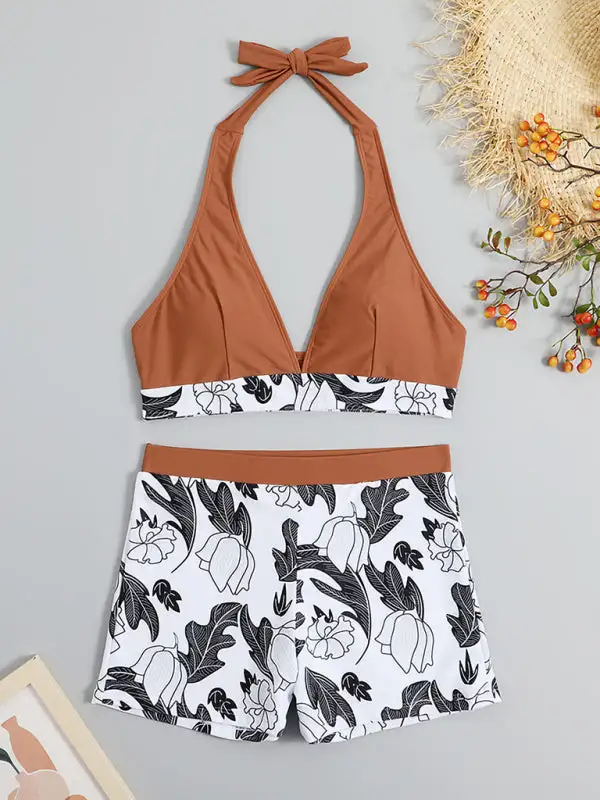 High Waist Boxer Panel Bikini Top Swim Set