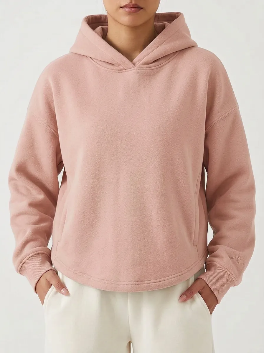Women's Minimalist Sage Green Solid Color Embroidered Wave Hoodie