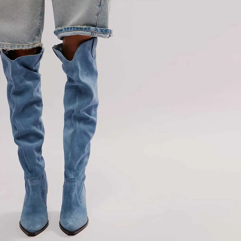 Denim Slouch Pointed-Toe Chunky-Heel Over-the-Knee Boots