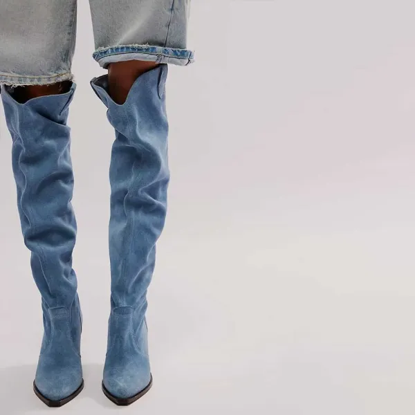 Denim Slouch Pointed-Toe Chunky-Heel Over-the-Knee Boots
