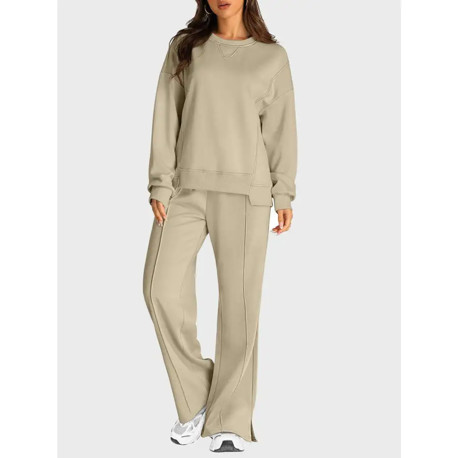 Round Neck Long Sleeve Top and Slit Pants Set