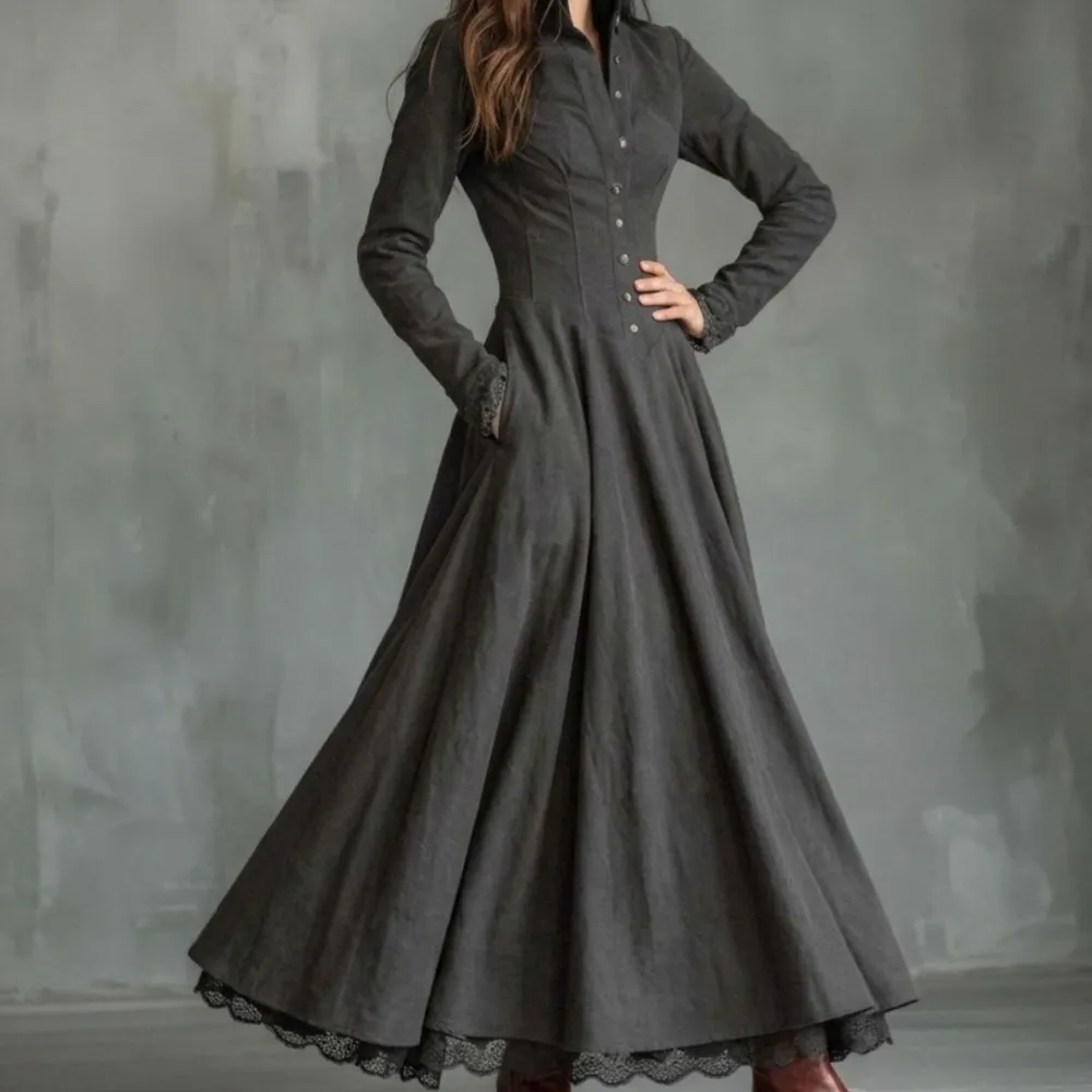 Vintage Faux Suede Lace Trim Shirt Maxi Dress