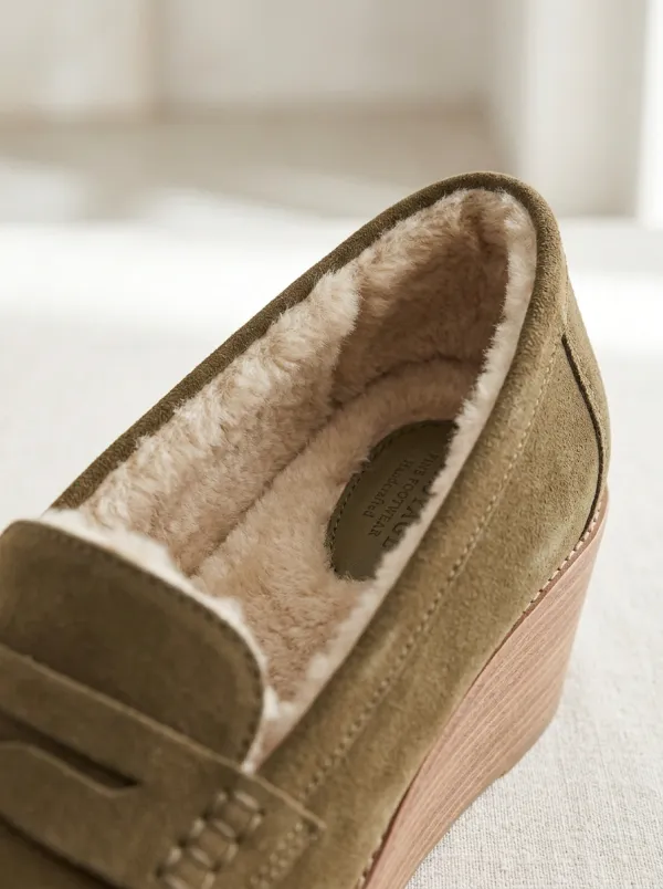 Women's Faux Fur Lined Suede Wood Sole Loafers