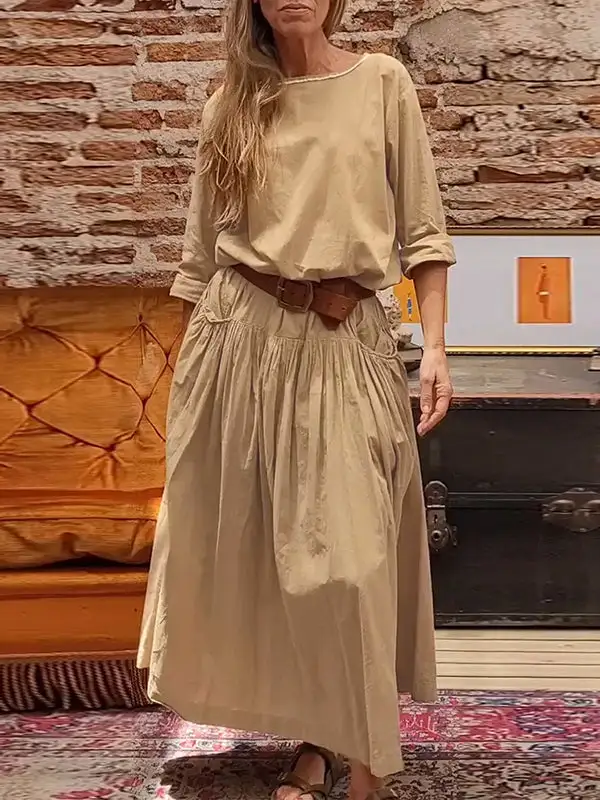 Loose Pleated Sleeve Neck Maxi Dress
