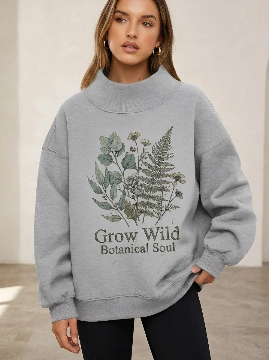 Women's Nature Lover Grow Wild Botanical Fern Printed Sweatshirt
