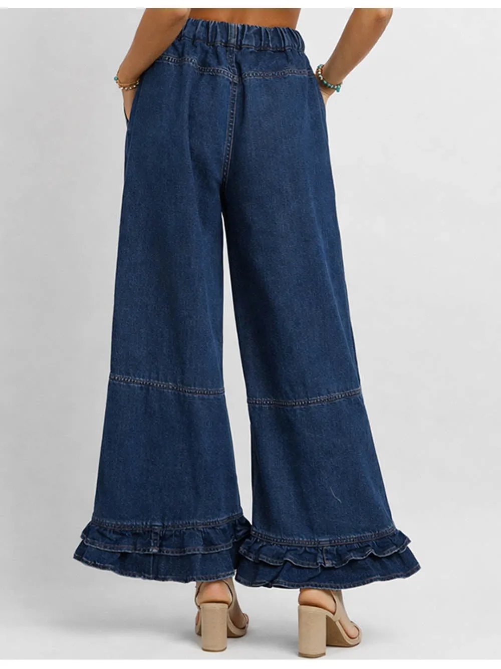 Ruffle Hem Jeans Elastic Waist Wide Leg Denim Pants