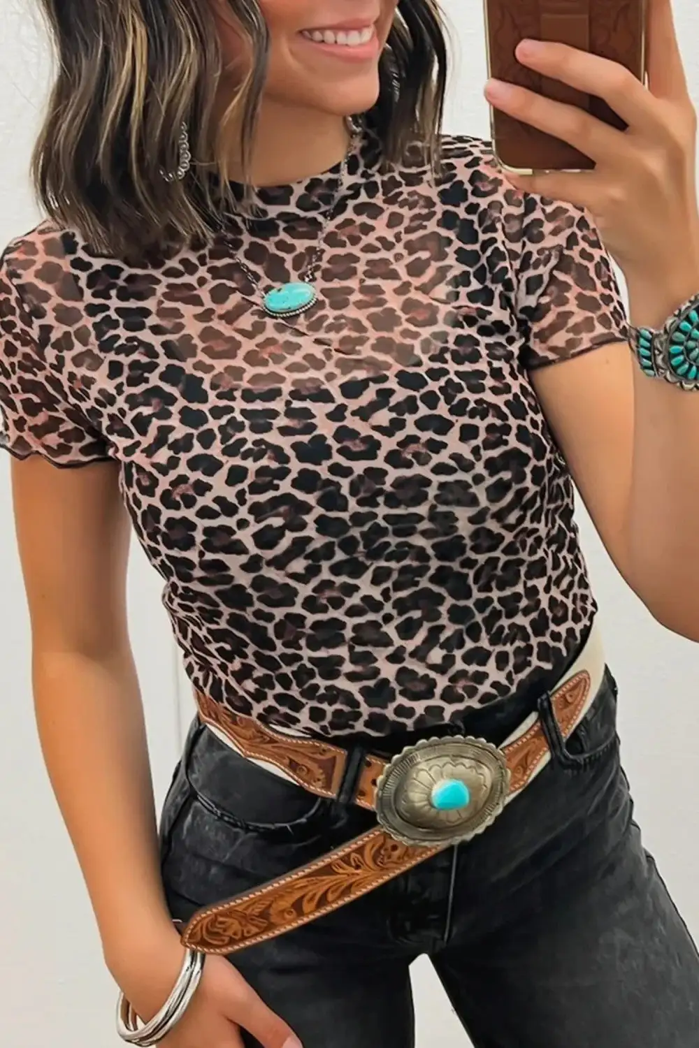 Leopard Mesh Sleeve Blouse