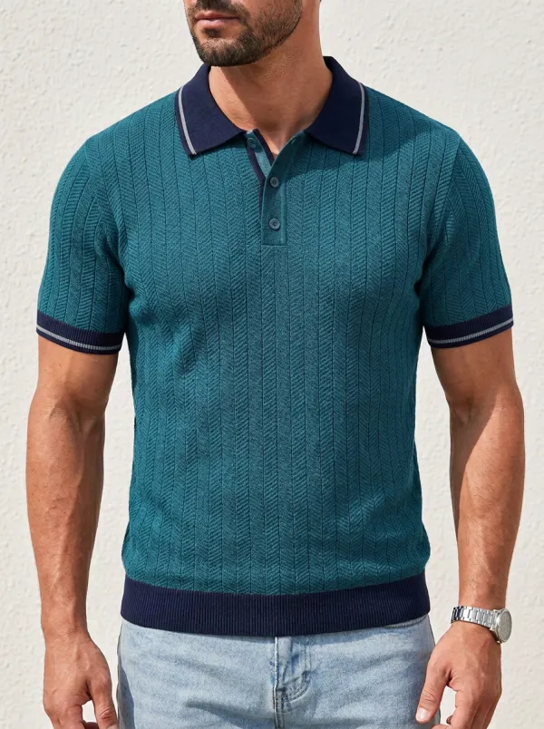 Men's Casual Fashion Herringbone Textured Knit Polo Shirt