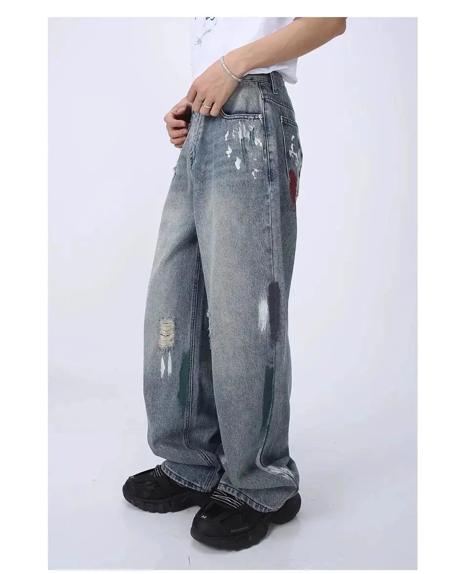 Artistic Distressed Wide-Leg Jeans