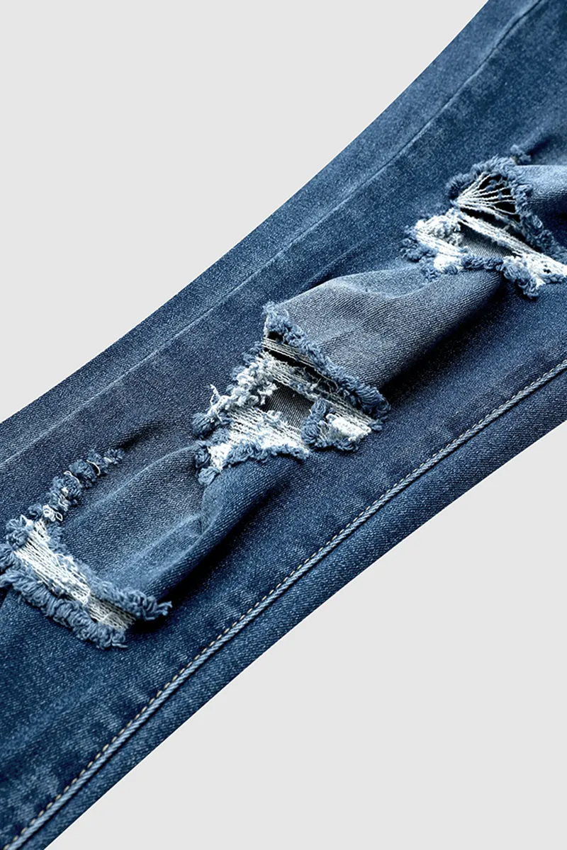 Ladder Ripped Rolled Hem Mid Waist Skinny Jeans