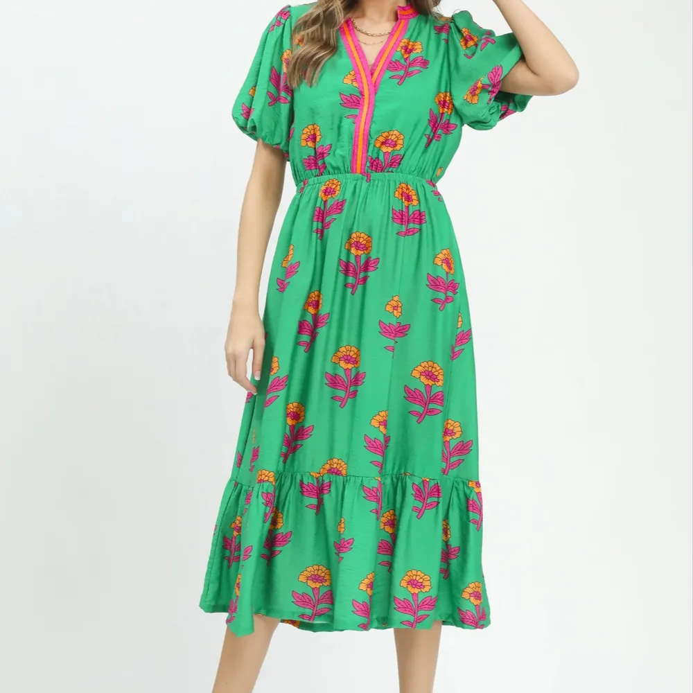 Floral Tiered Puff Sleeve V-Neck Dress