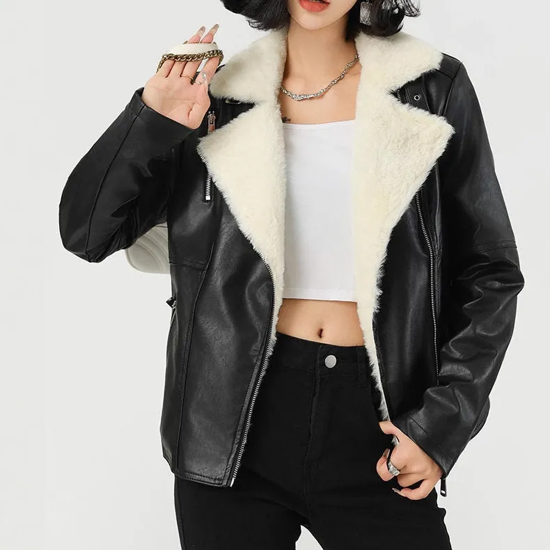 Leather Fleece Casual Outerwear Jacket