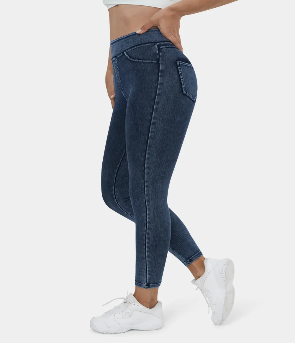 Magic High Waisted Back Side Pocket Stretchy Knit Denim Plus Size Casual Leggings