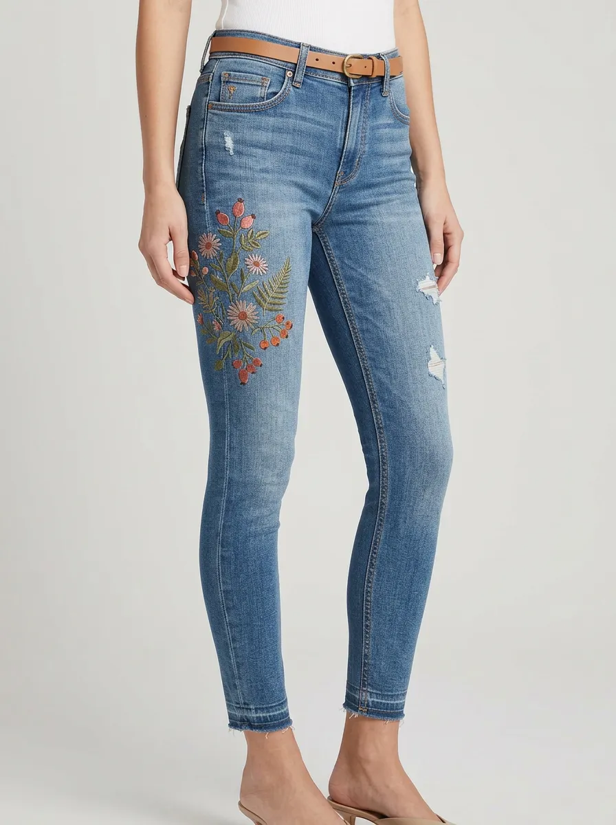 Women's Floral Botanical Embroidered Printed Slim Jeans
