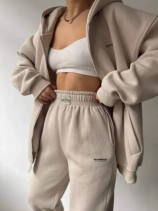 Women's long sleeve plus fleece hoodie trousers casual fashion print hooded suit