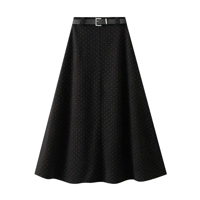 Flowing Belted Polka Dot Woolen Long Skirt