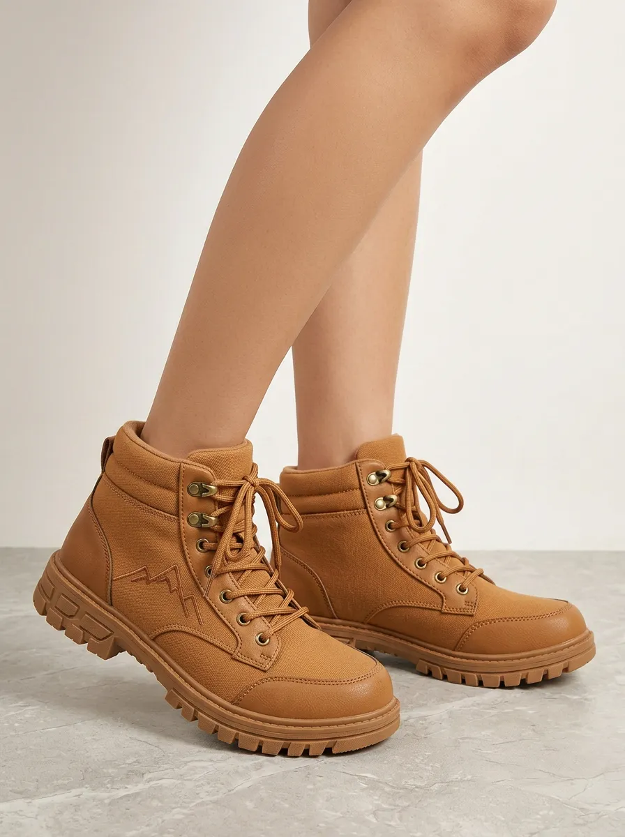 Mountain-Motif Embroidered Canvas Hiking Boots