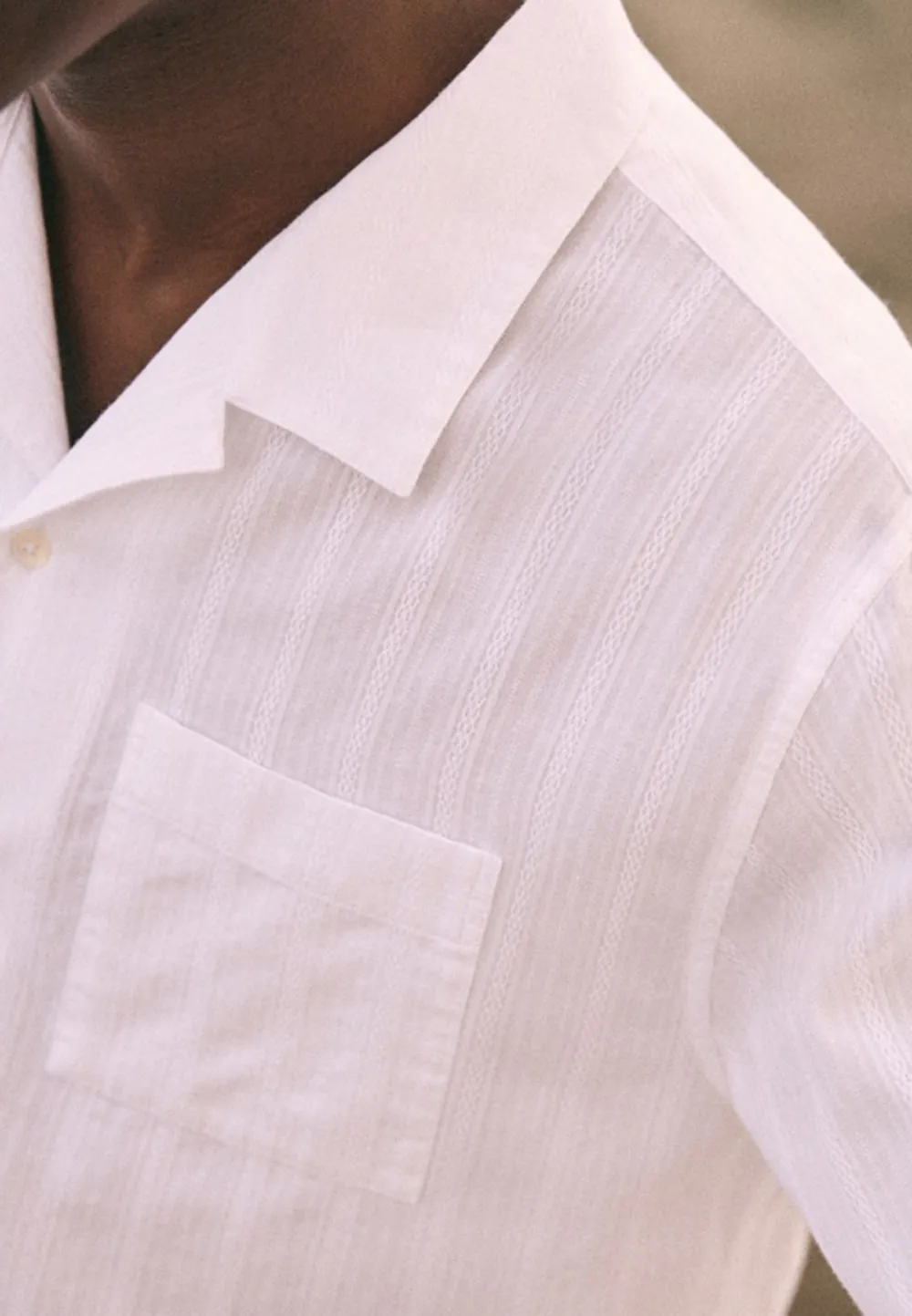 White Linen Blend Relaxed Fit Camp Collar Shirt
