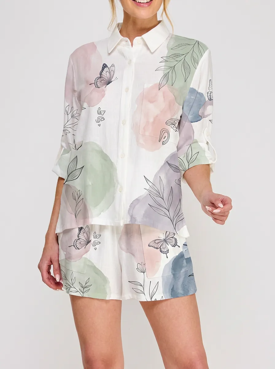 Women's Butterfly Floral Watercolor Printed Button-Down Shirt