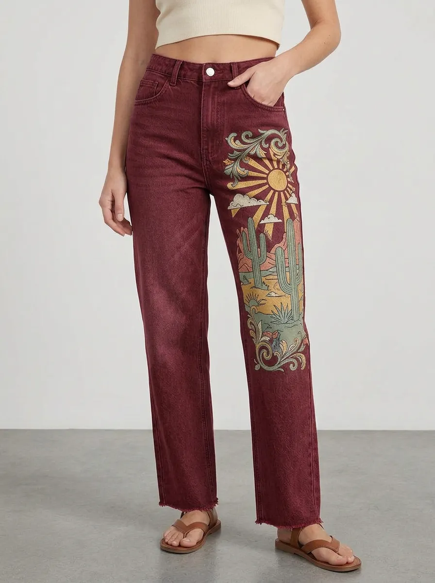Women's Desert Boho Sun Cactus Printed Straight Leg Jeans