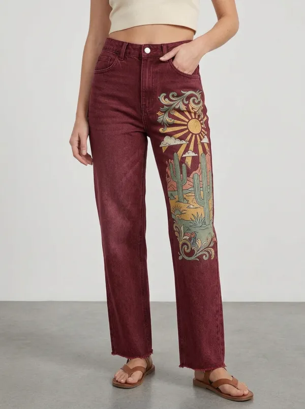 Women's Desert Boho Sun Cactus Printed Straight Leg Jeans