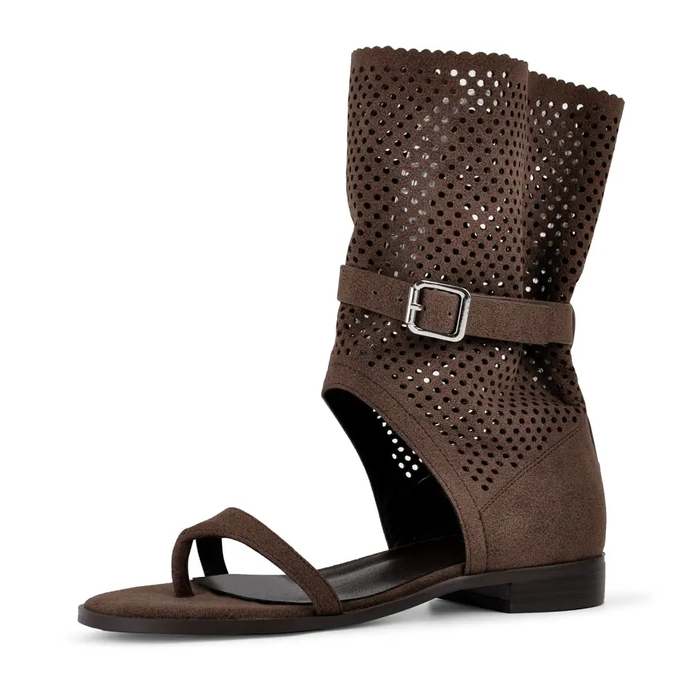 Flip-Flop Buckle Cutout Flat Bootie Sandals