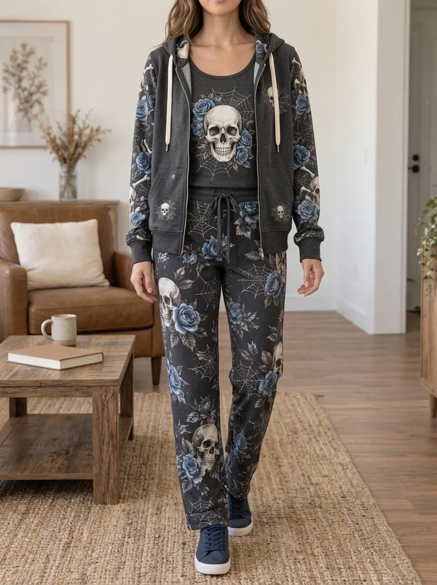 Women's Halloween Gothic Skull Blue Rose Printed Lounge Set