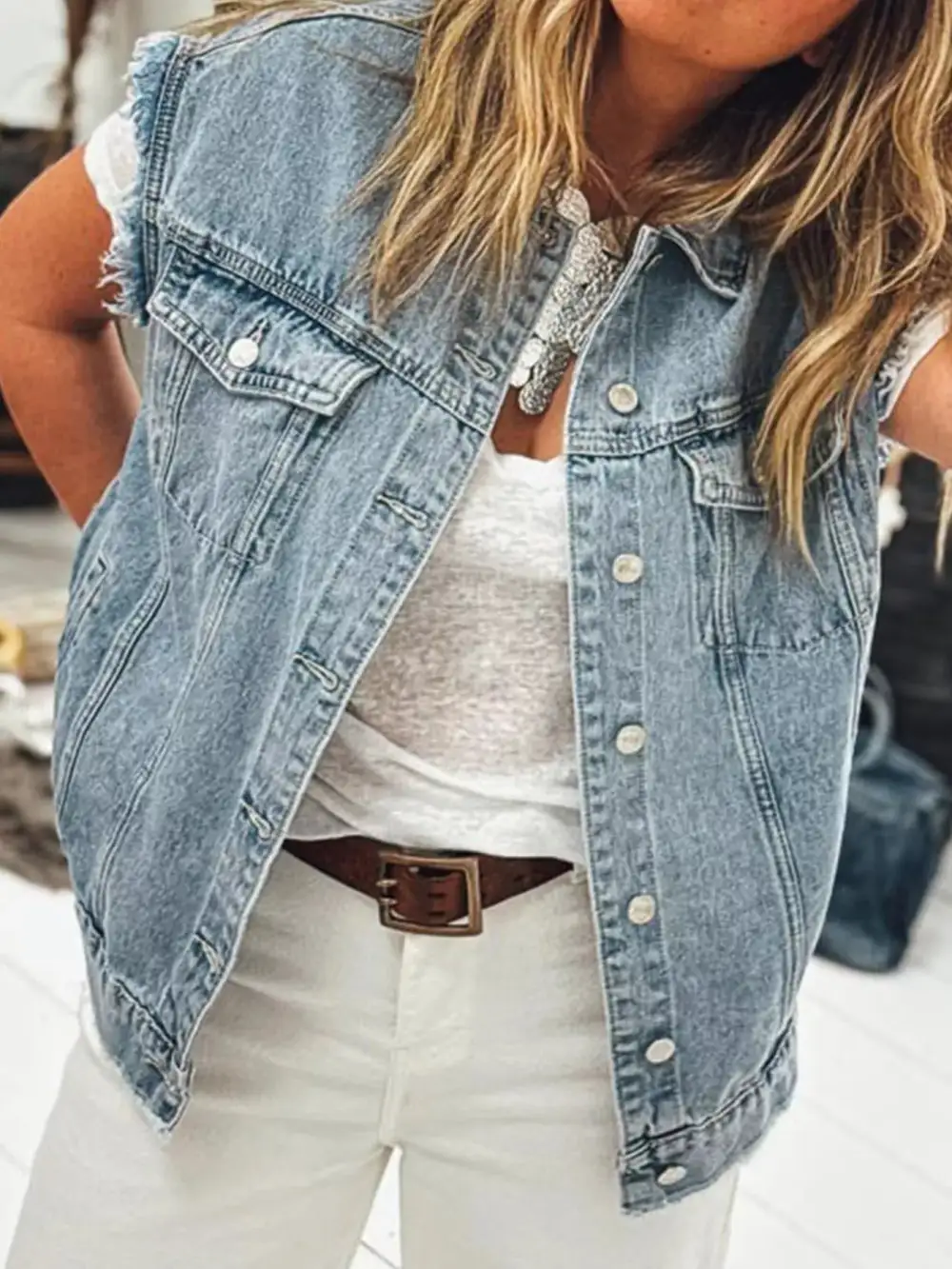 Button Flap Pocket Frayed Detail Vest