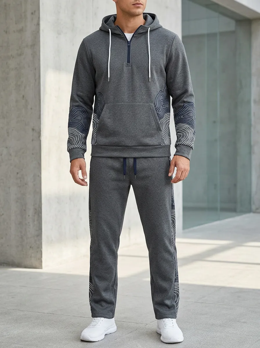 Men's Outdoor Hiking Topographic Print Jogger Set