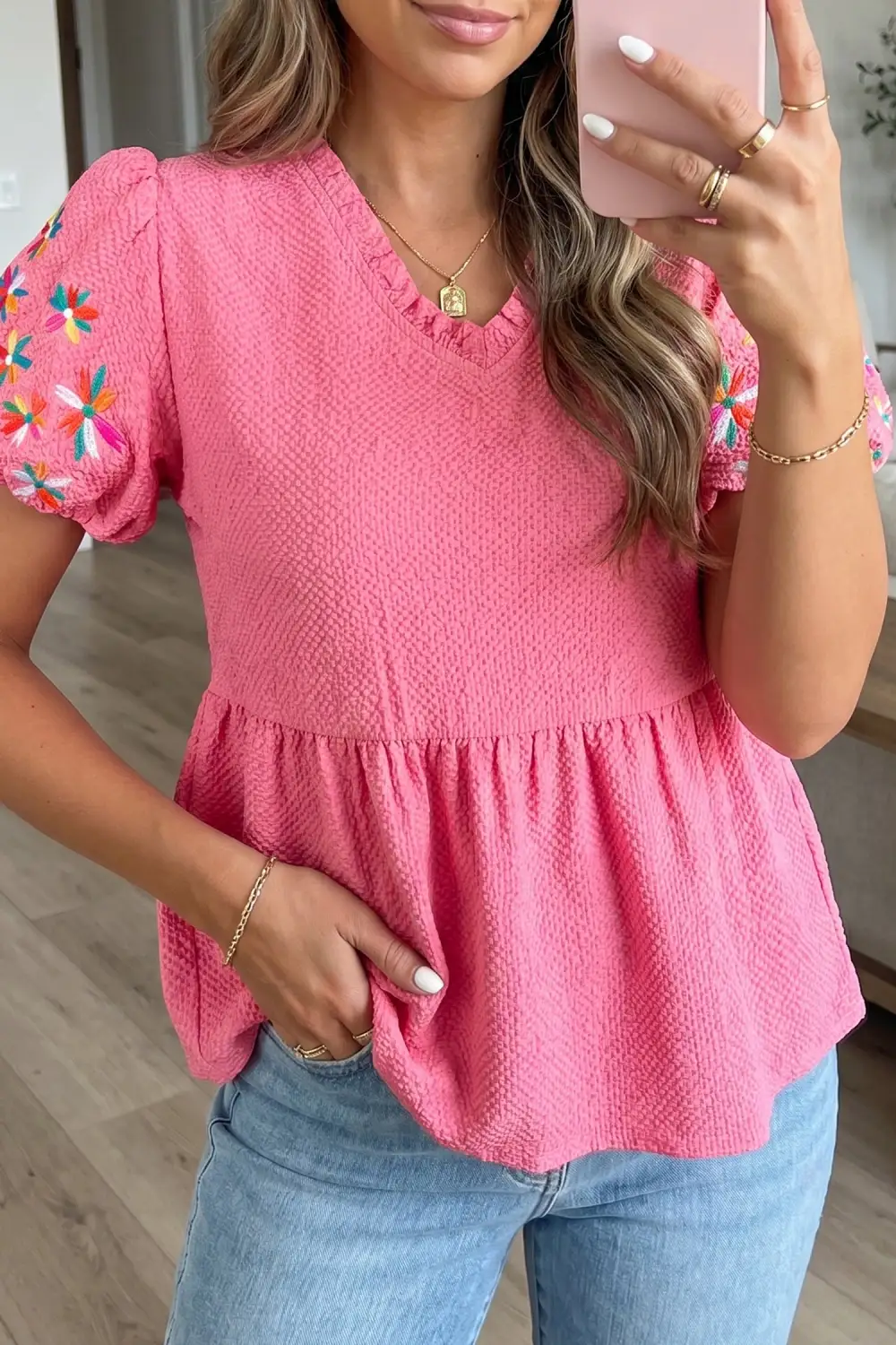 Women's Flower Motif Embroidered Textured Top