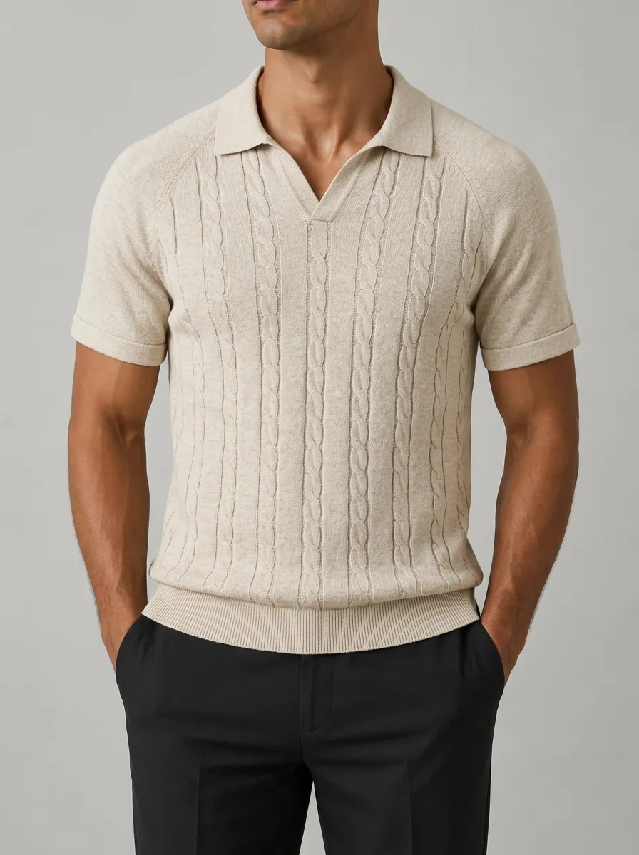 Men's Cable-Knit Short Sleeve Polo Shirt with Raglan Sleeves