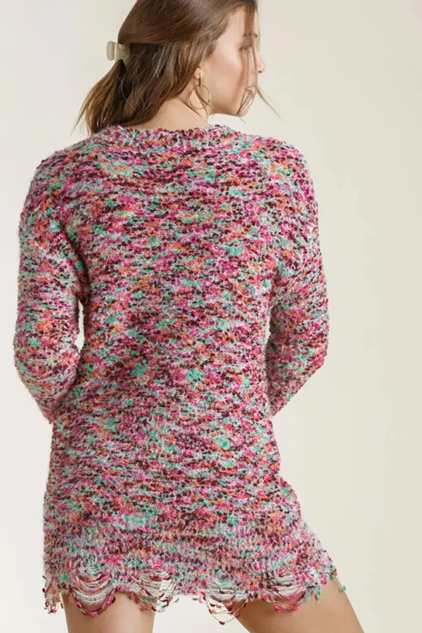 Distressed Hem Round Neck Knit Tunic Dress