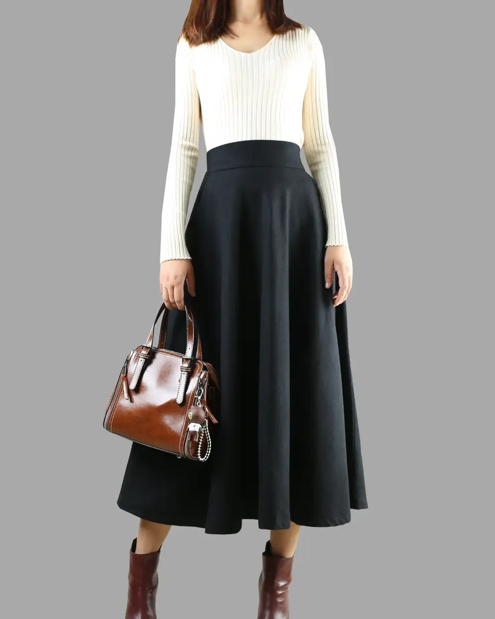Pleated Wool A Line Maxi Skirt