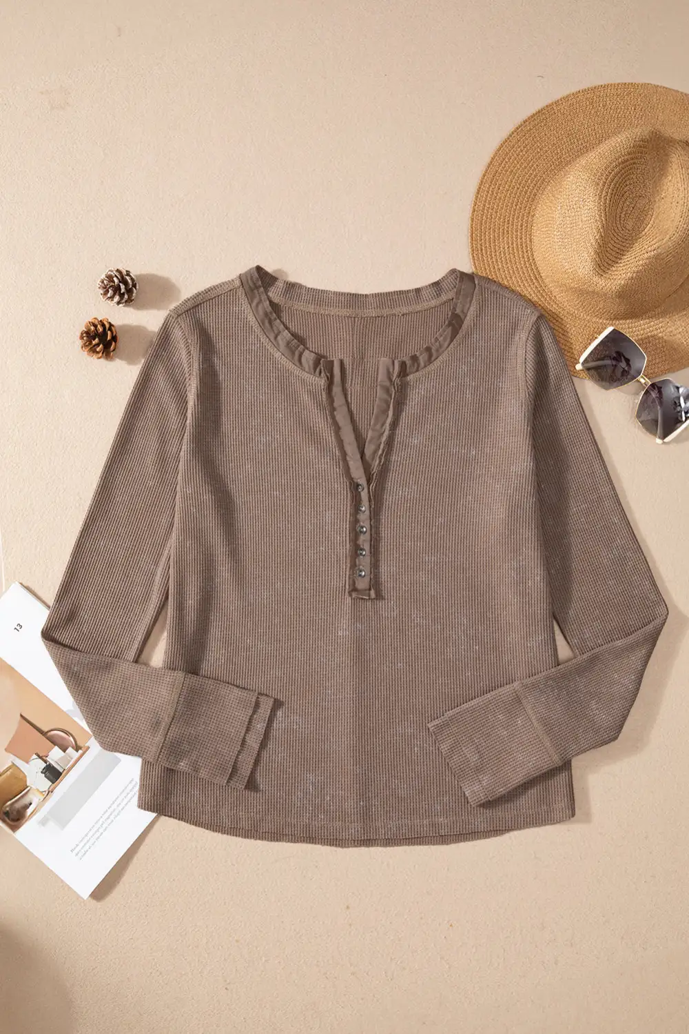 Women's Waffle Knit Long Sleeve Button Detail Top