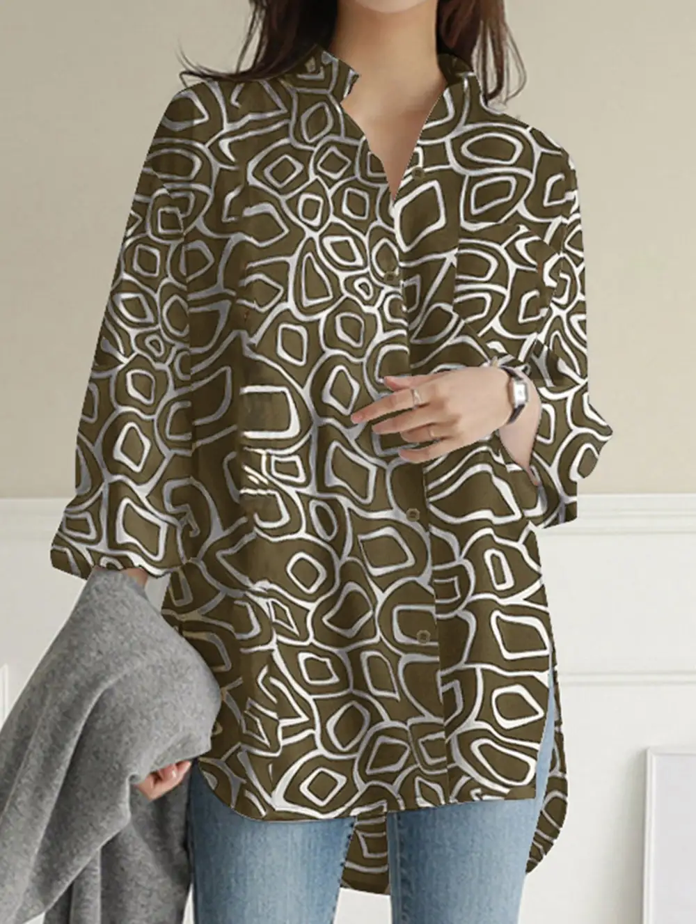 Printed Lapel Long-Sleeved Tunic Top